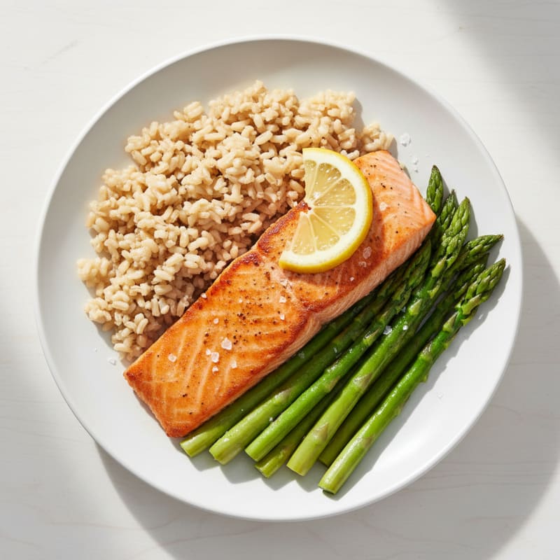Seared Salmon with Steamed Asparagus and Brown Rice
