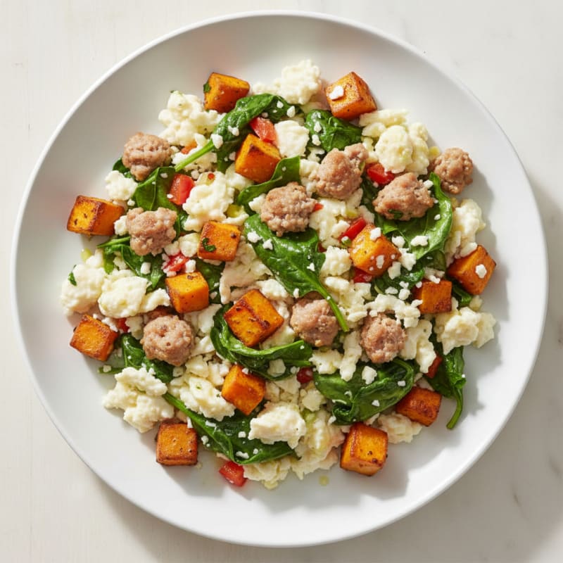 Egg White and Turkey Sausage Scramble with Spinach and Roasted Sweet Potato