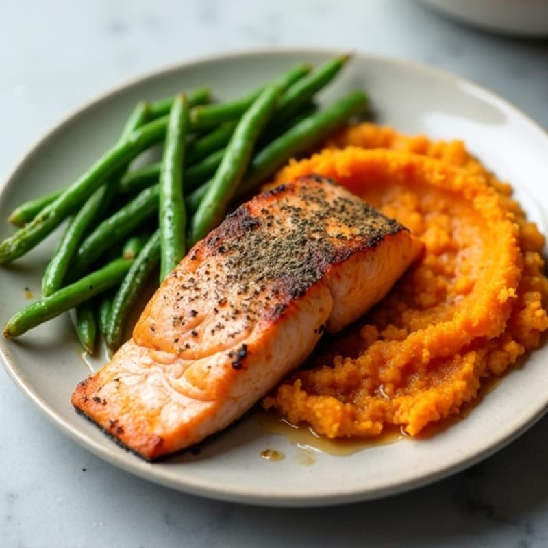 Seared Salmon with Steamed Green Beans and Sweet Potato Mash