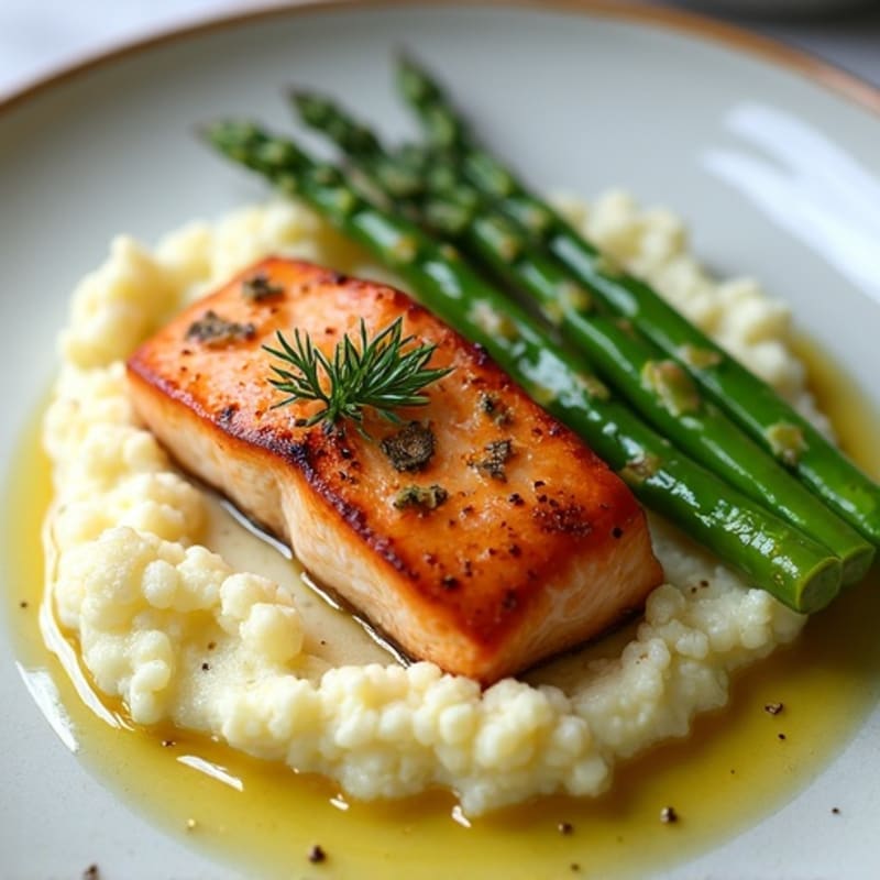 Seared Salmon with Roasted Asparagus and Cauliflower Mash