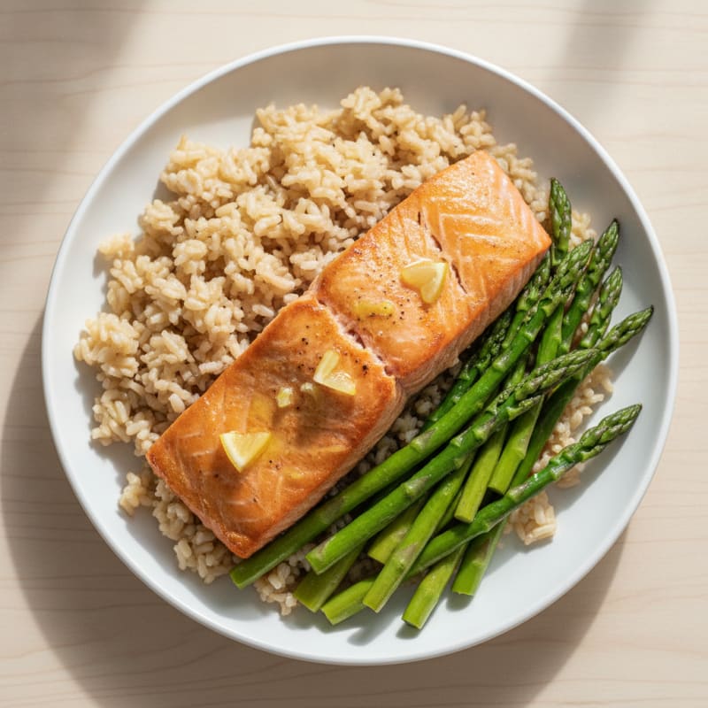 Seared Salmon with Steamed Asparagus and Brown Rice