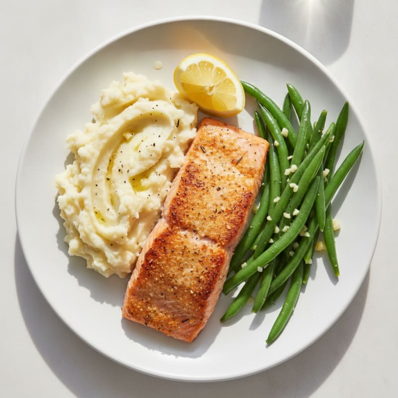 Baked Salmon with Steamed Green Beans and Garlic Mashed Potatoes