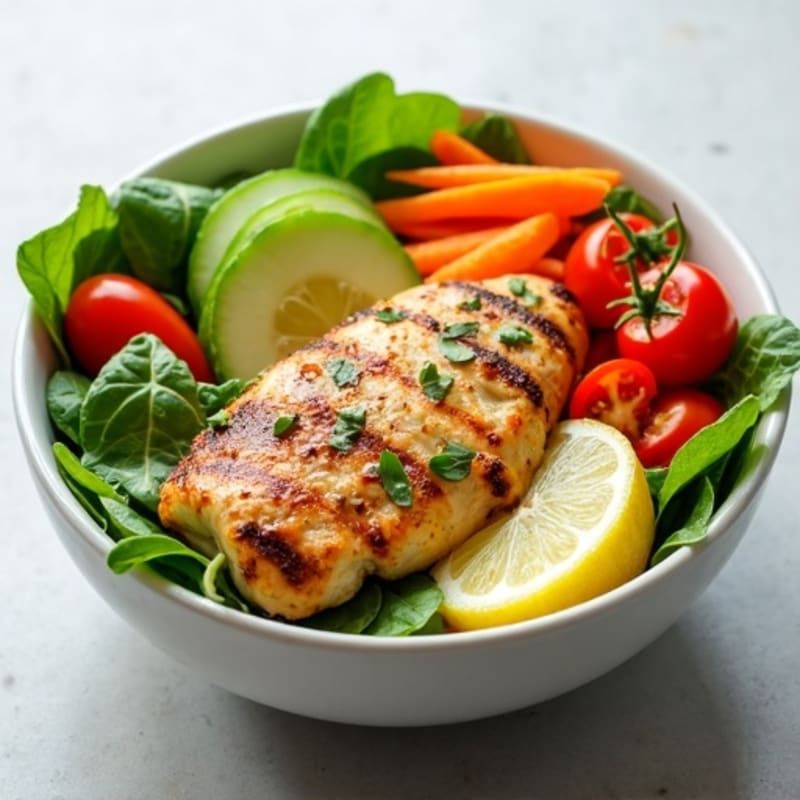 Lemon Garlic Chicken Salad Bowl with Crisp Greens and Fresh Vegetables