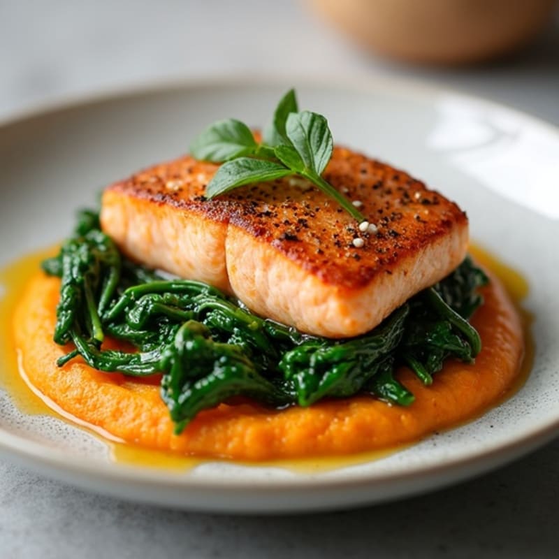 Seared Salmon with Garlic Spinach and Sweet Potato Mash