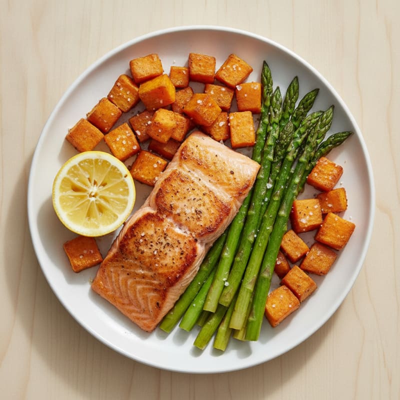 Seared Salmon with Roasted Sweet Potatoes and Asparagus