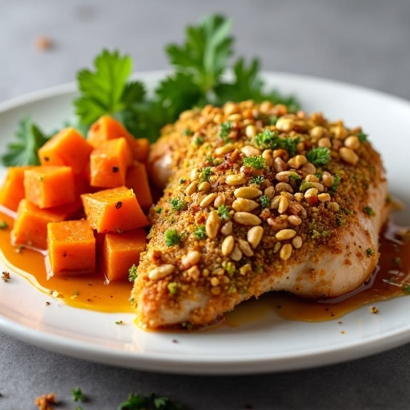 Crispy Pistachio-Crusted Chicken with Spiced Sweet Potatoes