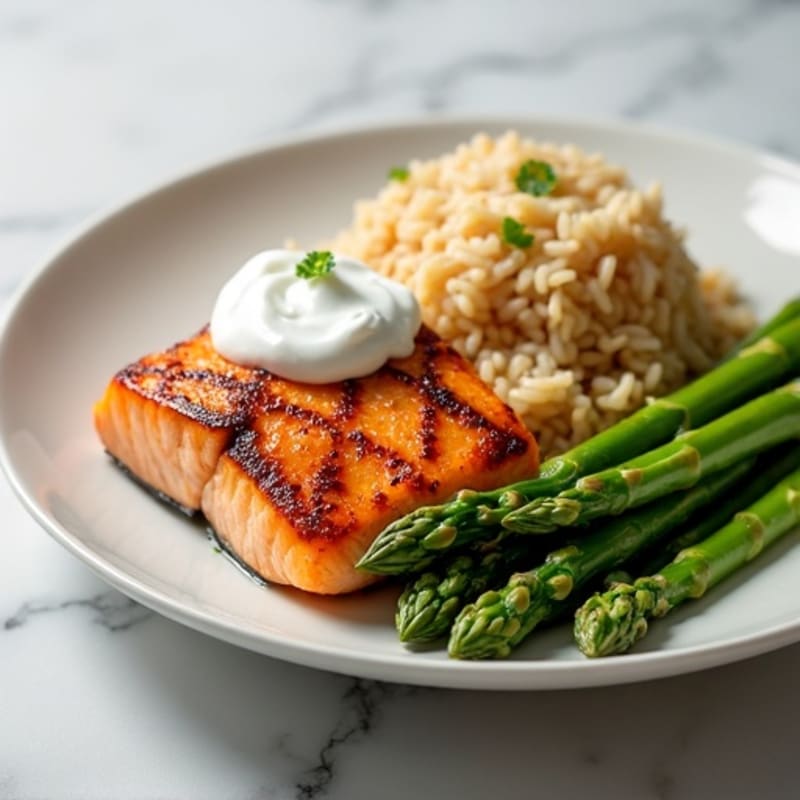 Seared Salmon with Steamed Asparagus and Brown Rice