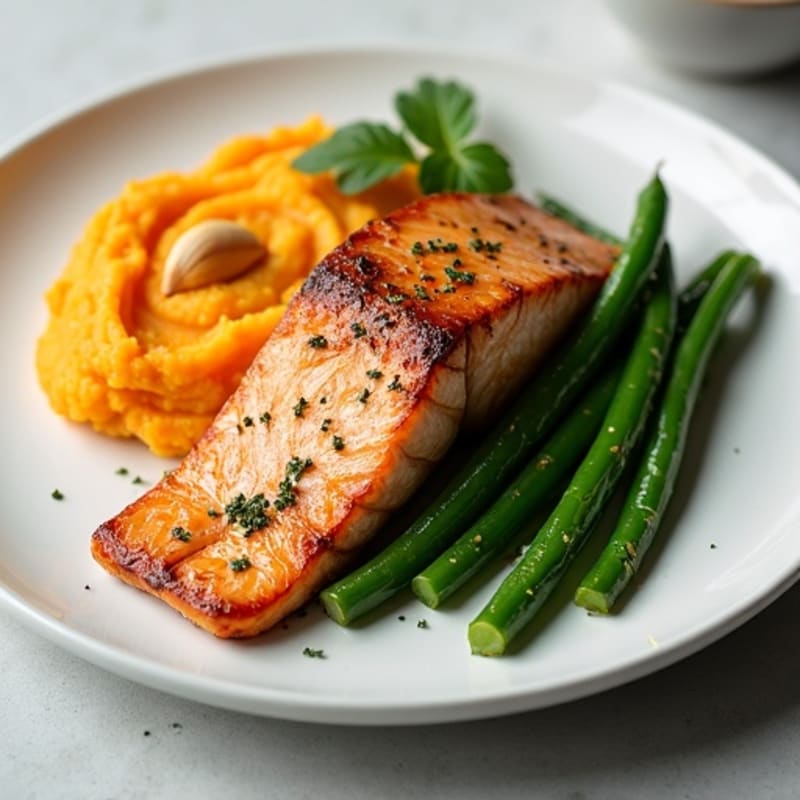 Seared Salmon with Garlic Green Beans and Sweet Potato Mash