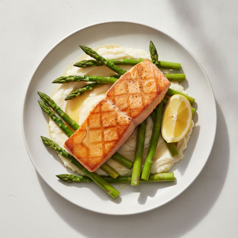 Seared Salmon with Steamed Asparagus and Cauliflower Mash