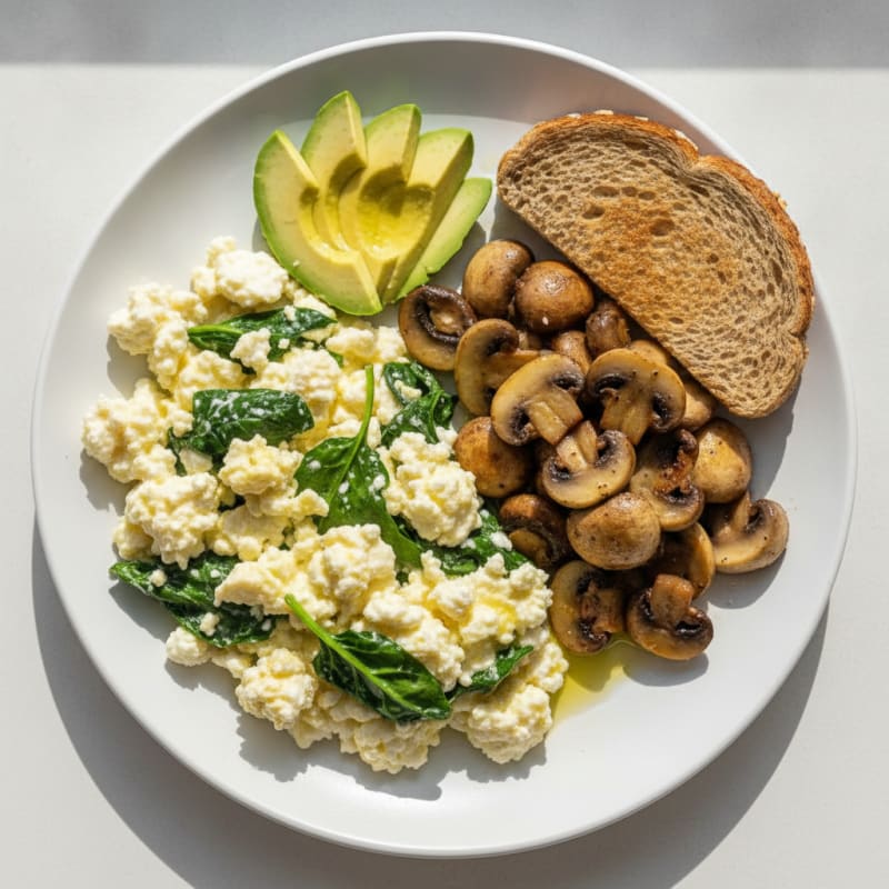 Cottage Cheese and Spinach Egg Scramble with Sautéed Mushrooms