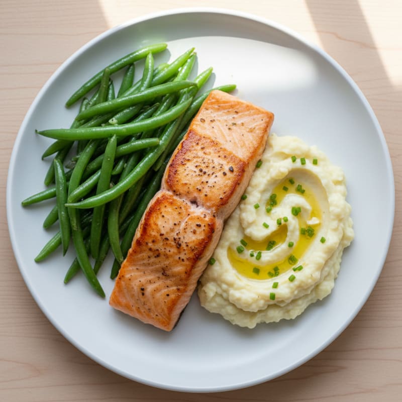 Seared Salmon with Steamed Green Beans and Garlic Mashed Cauliflower