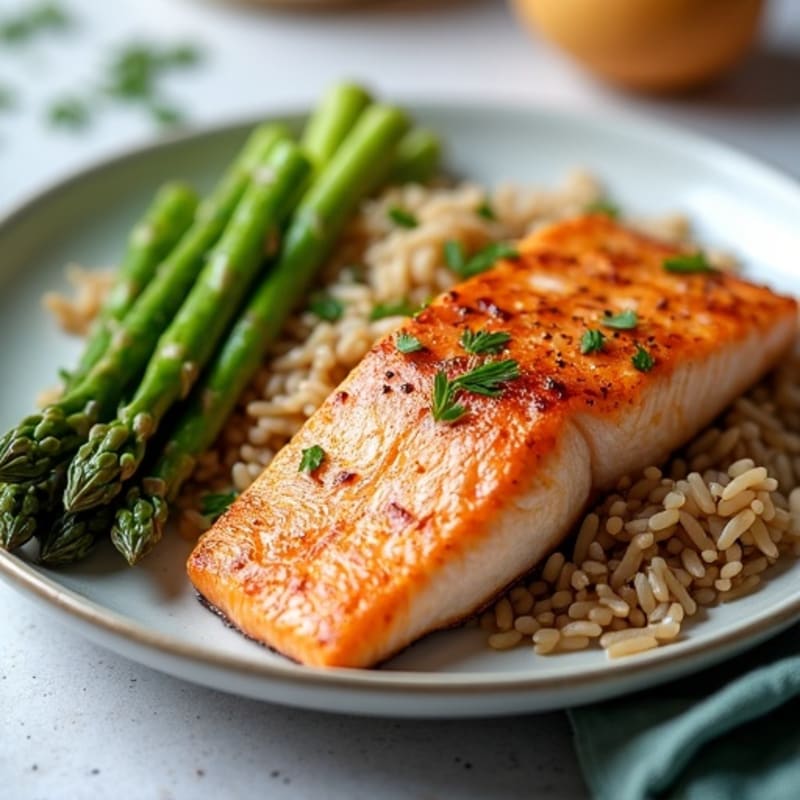 Seared Salmon Fillet with Steamed Asparagus and Brown Rice