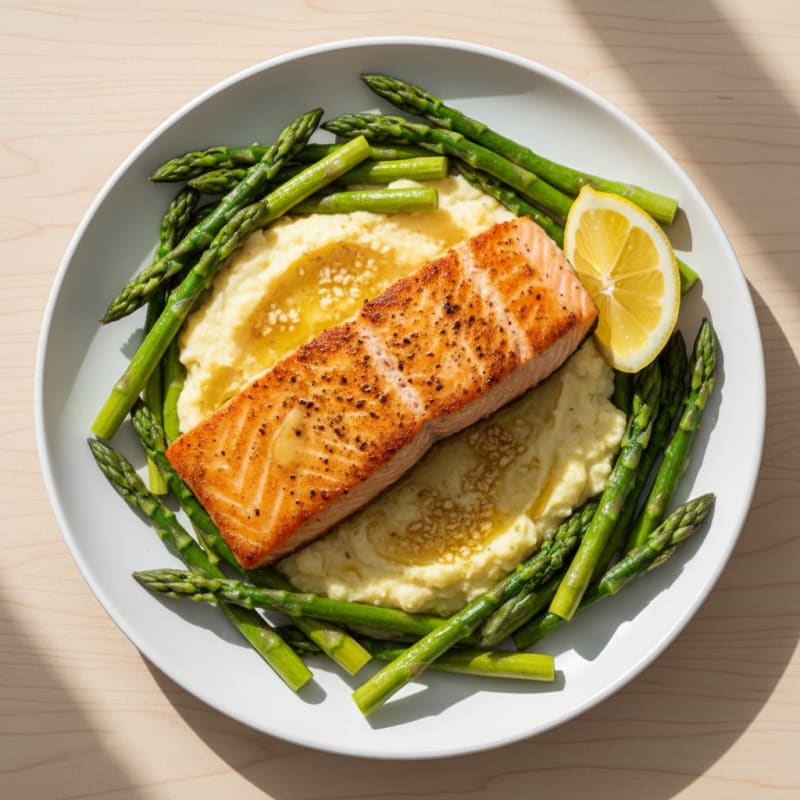 Seared Salmon with Steamed Asparagus and Garlic Cauliflower Mash