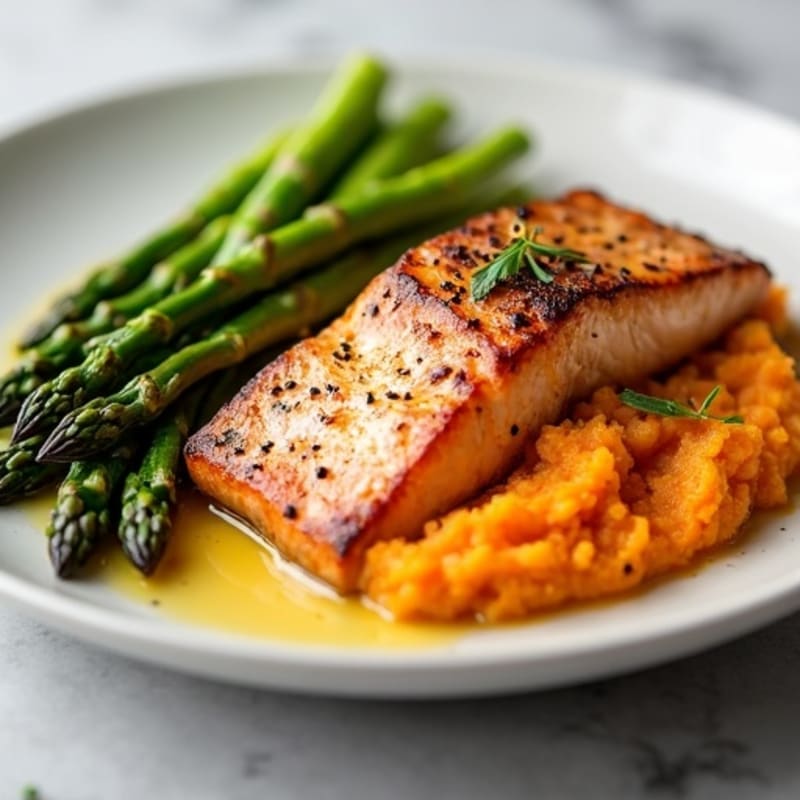 Seared Salmon with Roasted Asparagus and Sweet Potato Mash
