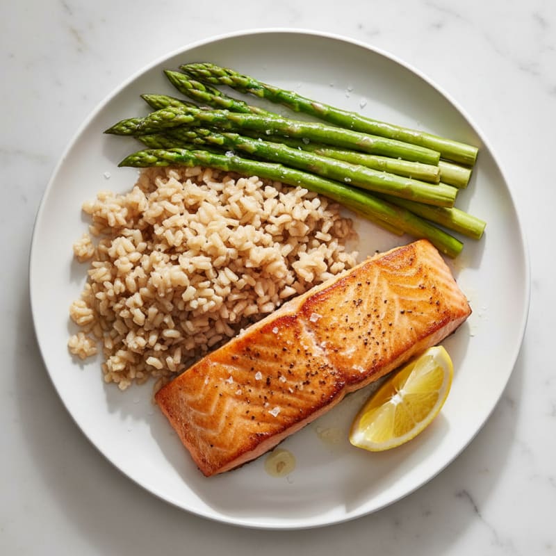 Seared Salmon with Steamed Asparagus and Brown Rice