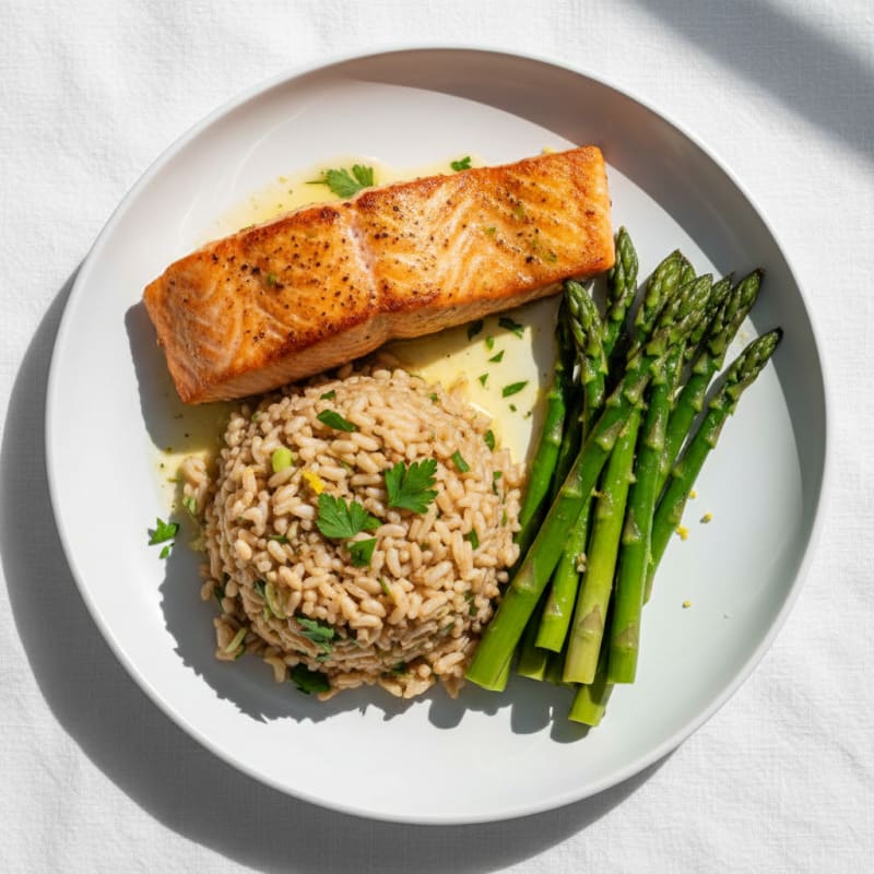 Seared Salmon with Steamed Asparagus and Lemon-Herb Brown Rice