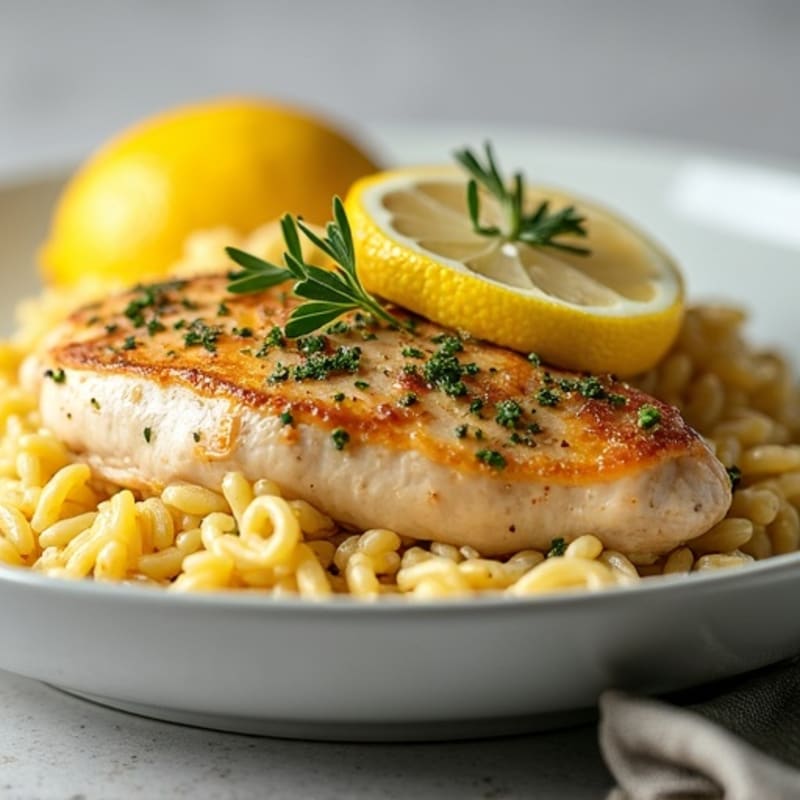 Lemon Herb Chicken with Roasted Garlic Orzo