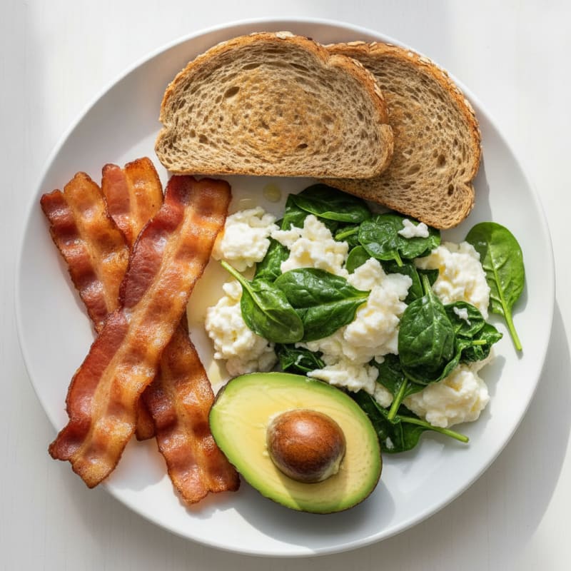 Crispy Turkey Bacon and Egg White Scramble with Sautéed Spinach