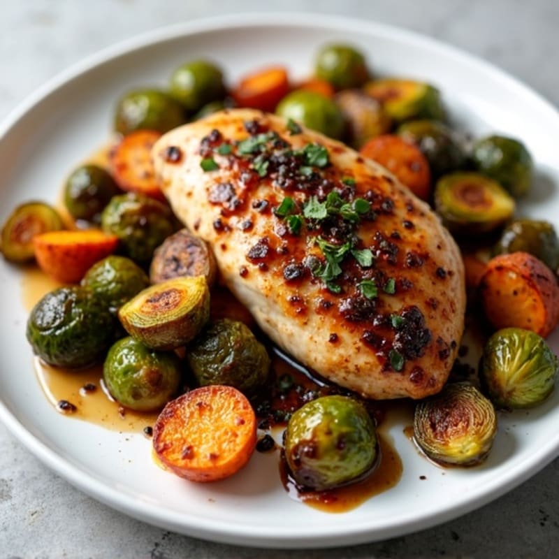 Sheet Pan Balsamic Chicken and Brussels Sprouts with Roasted Sweet Potatoes