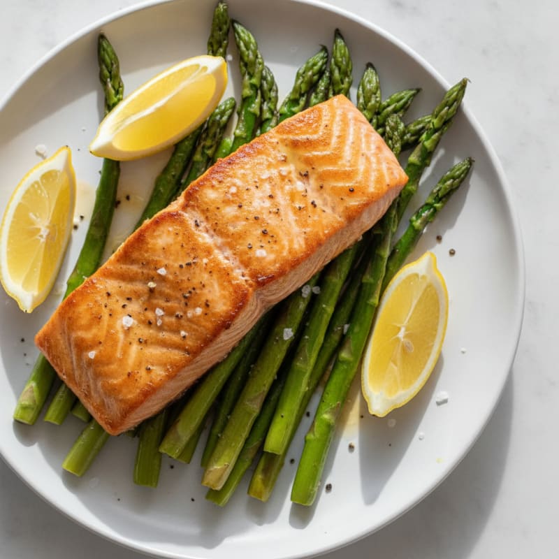 Seared Salmon Fillet with Roasted Asparagus and Lemon