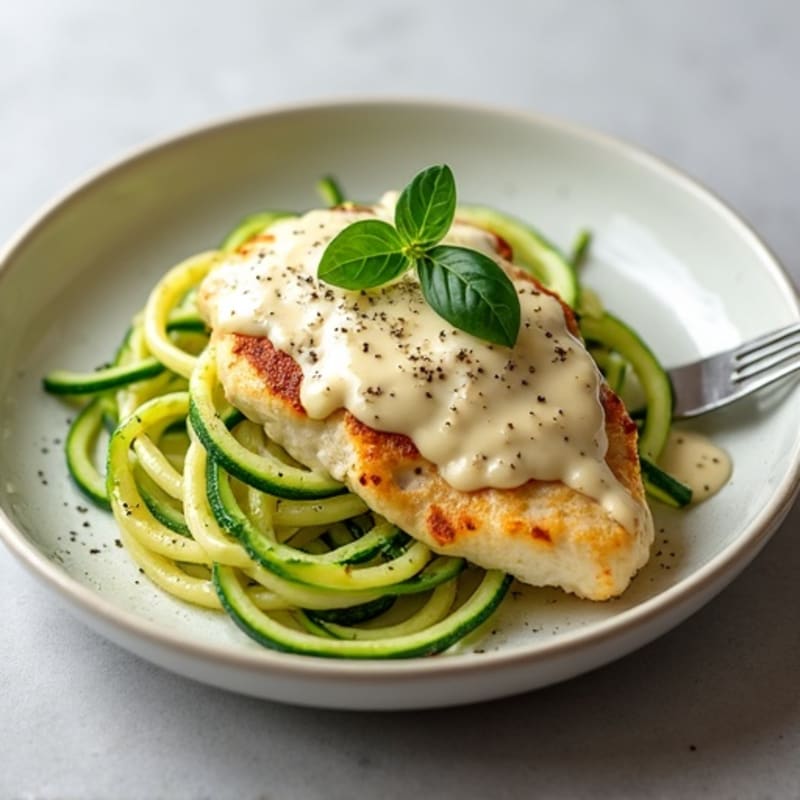Creamy Cauliflower Alfredo Chicken with Zucchini Noodles