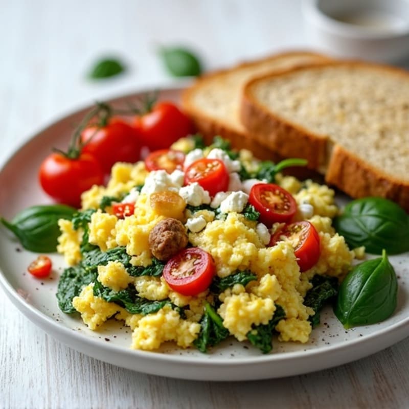 Egg White and Turkey Sausage Scramble with Spinach and Cherry Tomatoes
