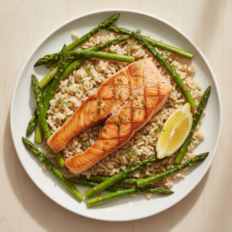 Seared Salmon Fillet with Steamed Asparagus and Herb Rice