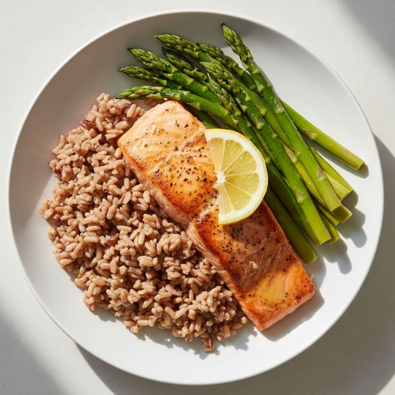 Seared Salmon with Steamed Asparagus and Brown Rice