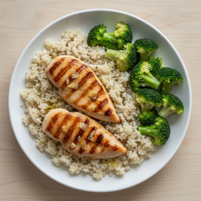 Grilled Chicken Breast with Steamed Broccoli and Quinoa