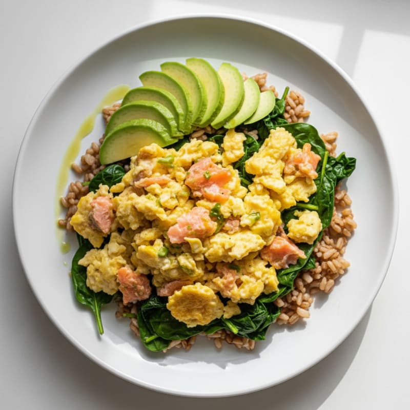 Egg and Smoked Salmon Scramble with Sautéed Spinach