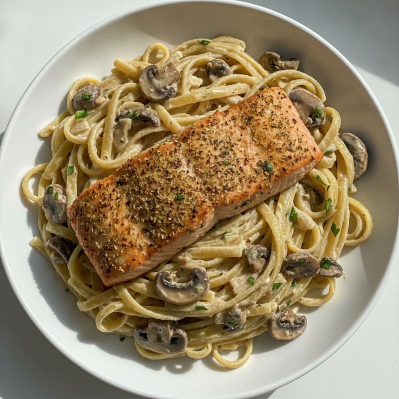 Herb-Crusted Salmon with Creamy Mushroom Pasta