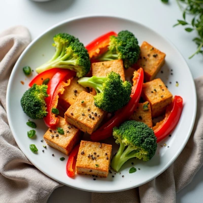 Crispy Baked Tofu with Roasted Broccoli and Bell Peppers