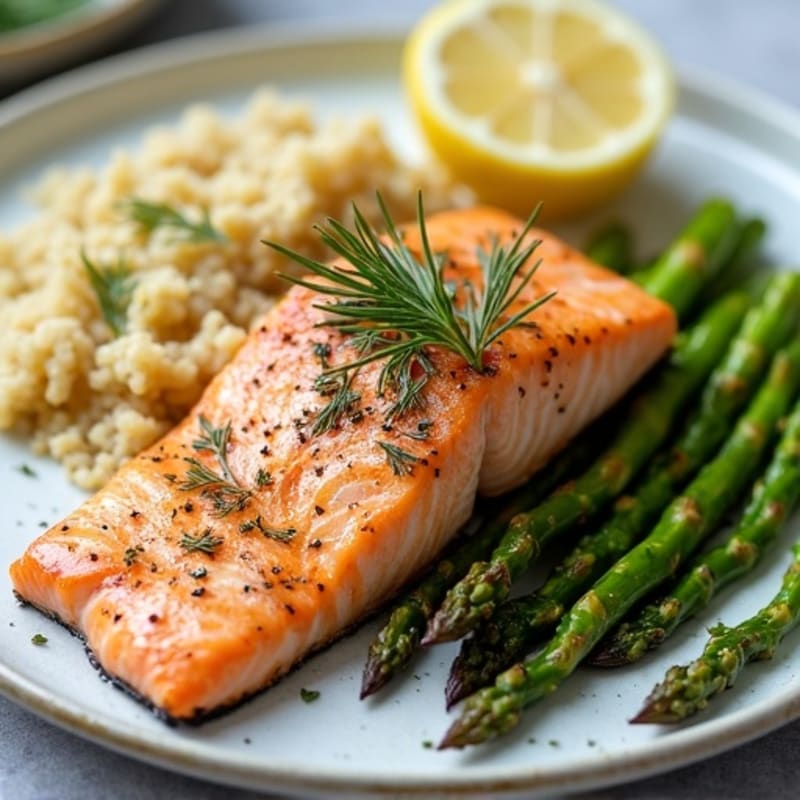 Garlic Dill Pan-Seared Salmon with Roasted Asparagus and Fluffy Quinoa