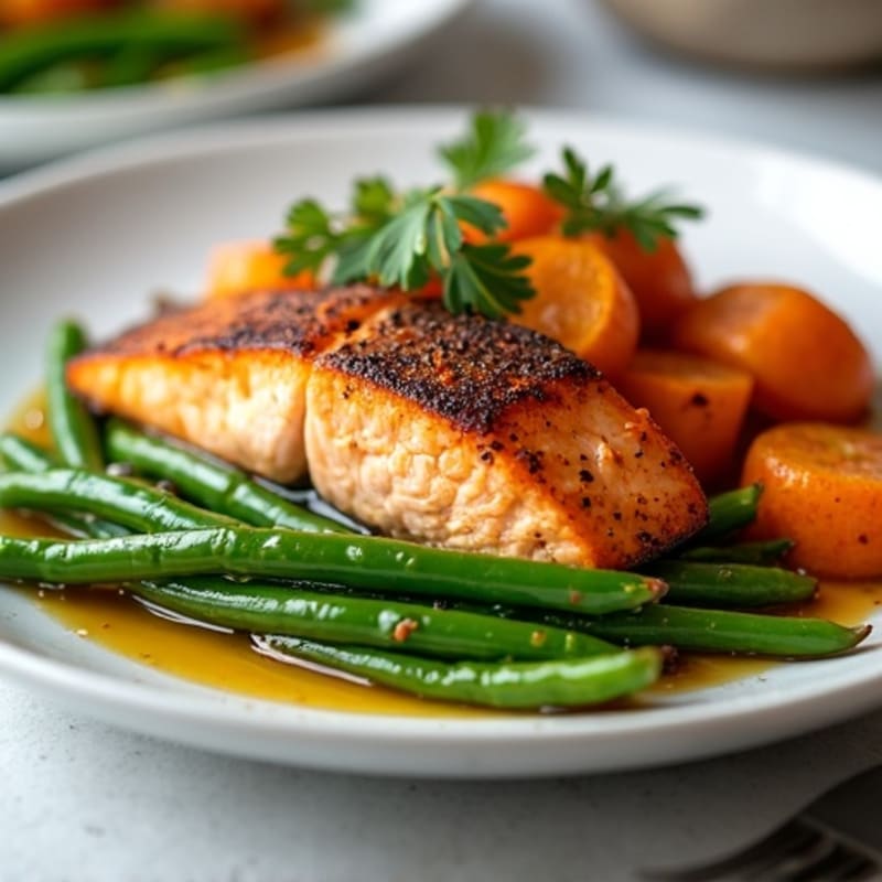 Flaky Baked Salmon with Roasted Sweet Potatoes and Green Beans