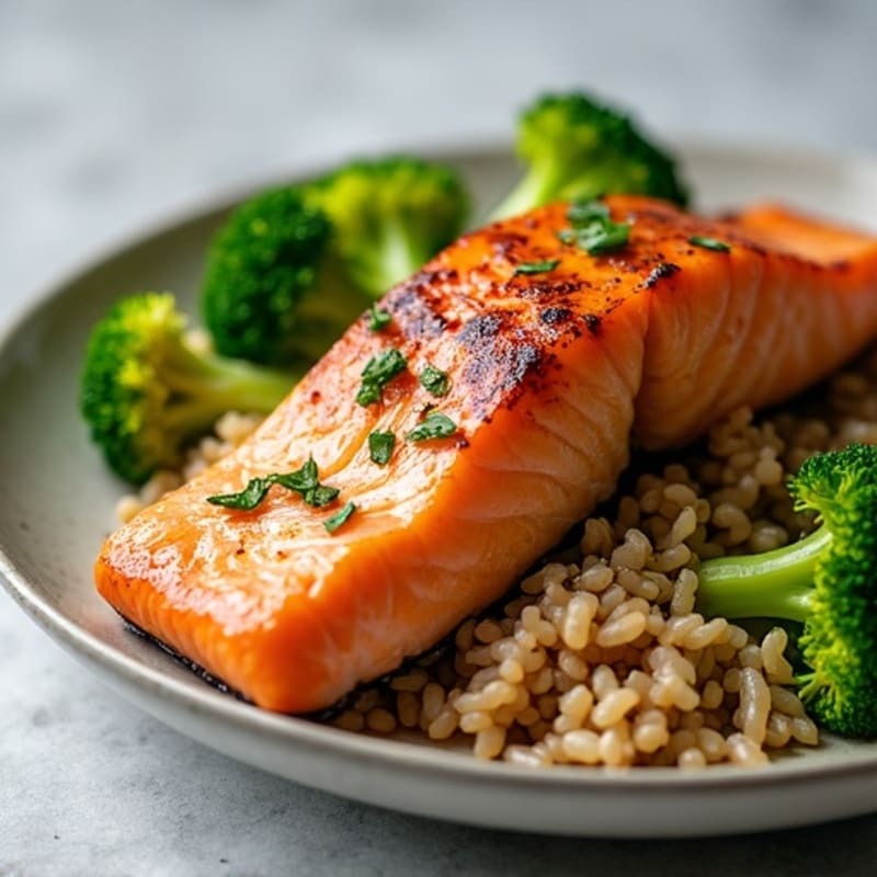 Seared Salmon with Steamed Broccoli and Brown Rice