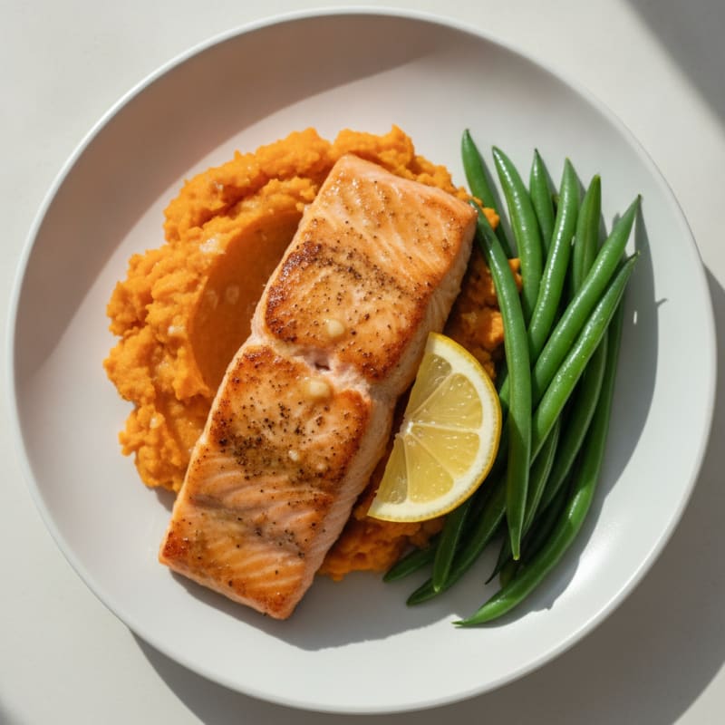 Seared Salmon Fillet with Steamed Green Beans and Sweet Potato Mash