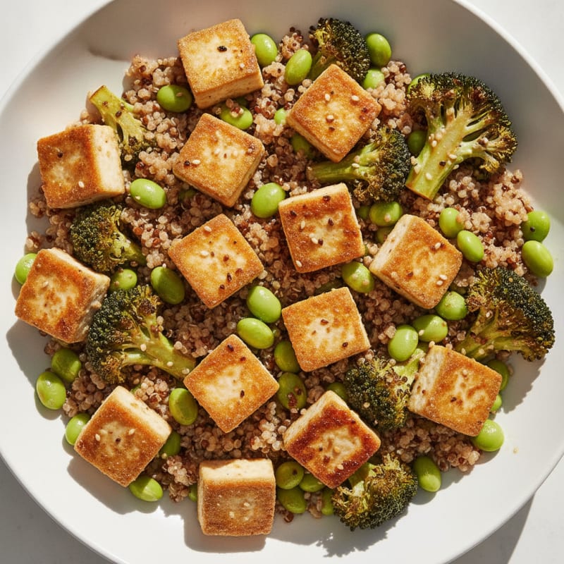 Crispy Tofu and Edamame Power Bowl with Quinoa and Roasted Broccoli