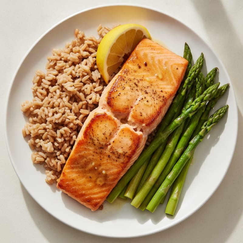 Seared Salmon Fillet with Steamed Asparagus and Brown Rice