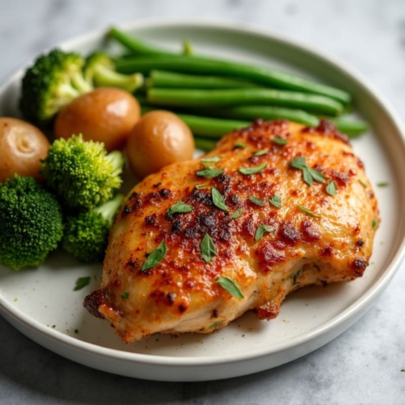 Crispy Roasted Chicken Thighs with Roasted Broccoli, Green Beans, and Potatoes