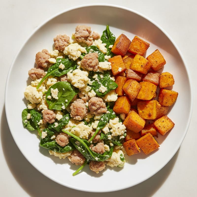 Egg White and Turkey Sausage Scramble with Spinach and Roasted Sweet Potatoes