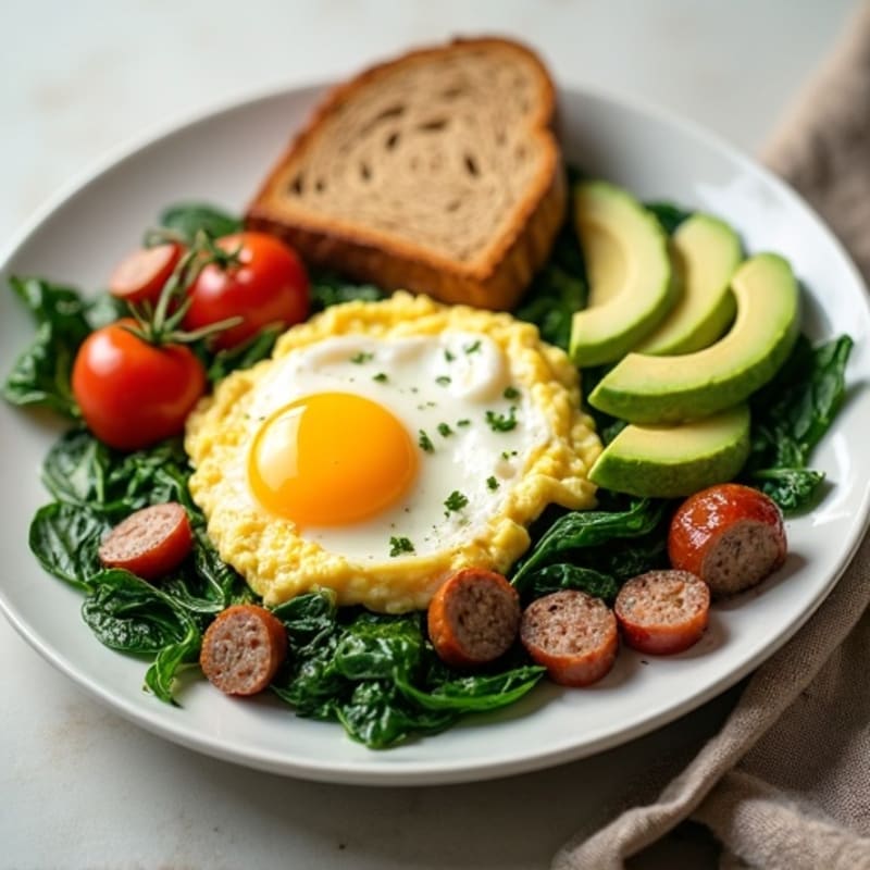 Egg White Scramble with Turkey Sausage and Sautéed Spinach