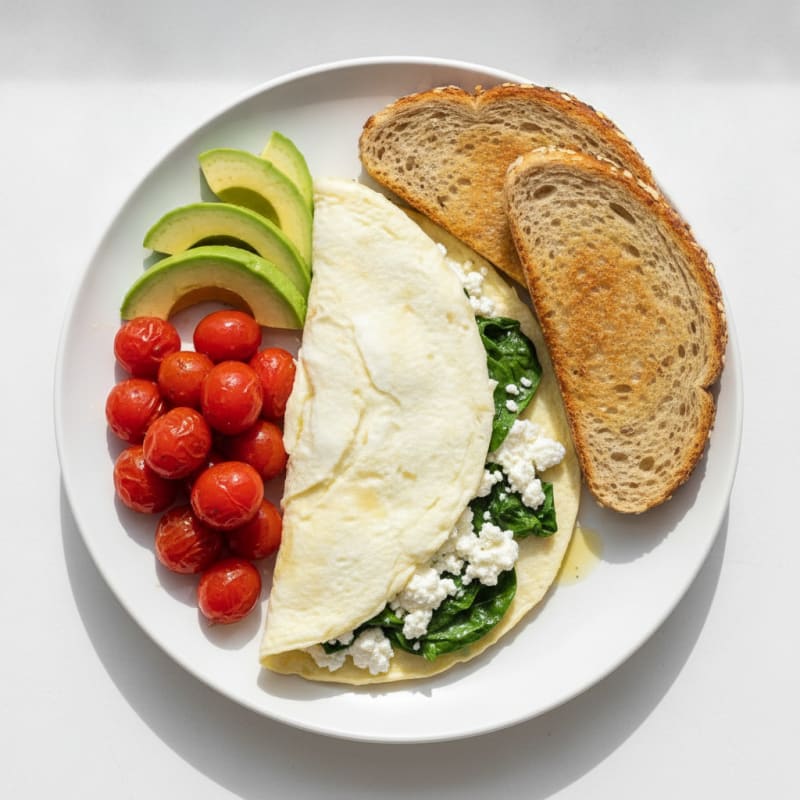 Egg White Spinach Omelette with Cottage Cheese and Cherry Tomatoes