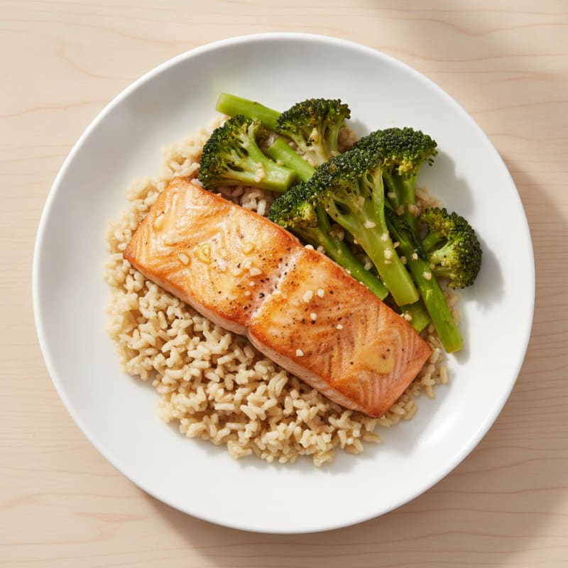 Pan-Seared Salmon with Garlic Broccoli and Rice