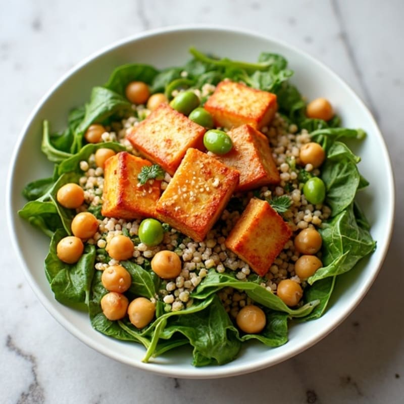 Crispy Tofu and Quinoa Power Salad with Roasted Chickpeas