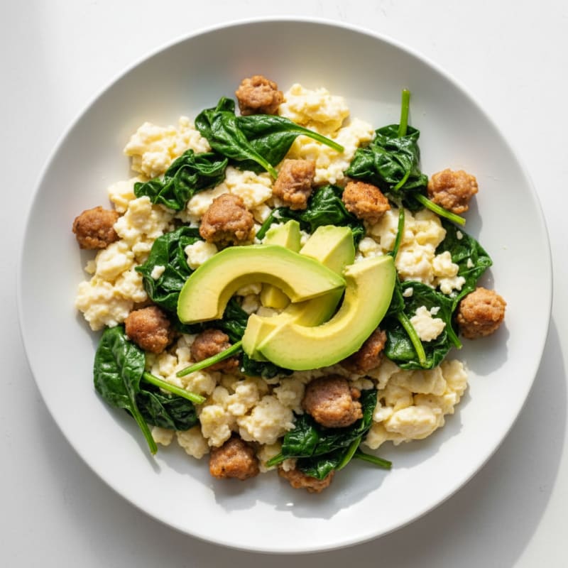 Scrambled Egg Whites with Turkey Sausage and Sautéed Spinach
