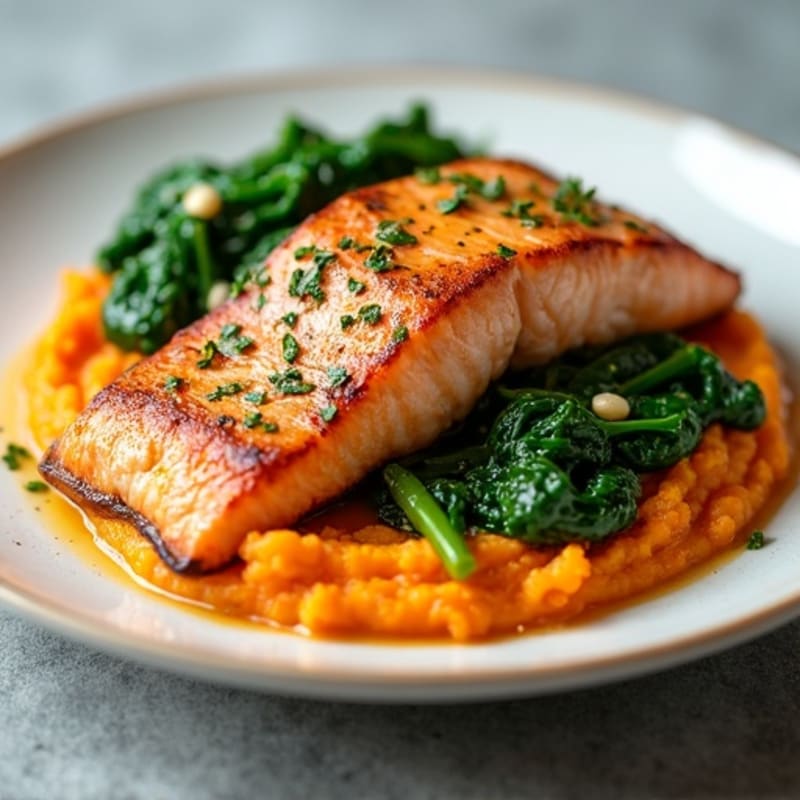 Seared Salmon with Garlic Spinach and Sweet Potato Mash