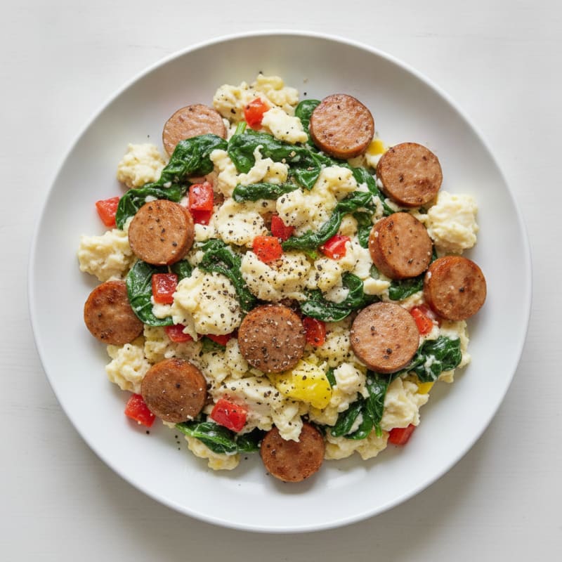 Egg White and Turkey Sausage Scramble with Sautéed Spinach