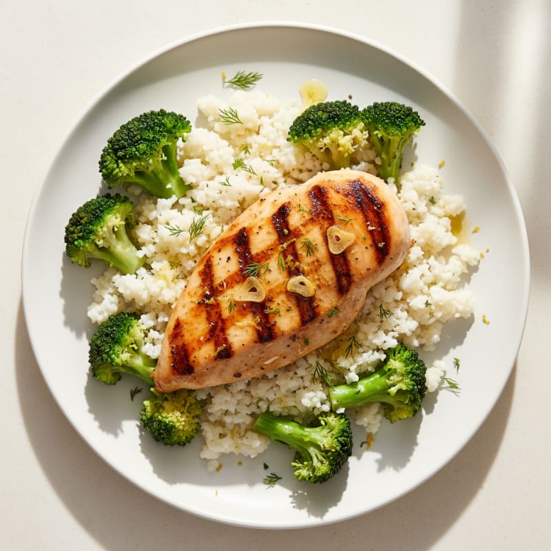 Grilled Chicken Breast with Steamed Broccoli and Cauliflower Rice