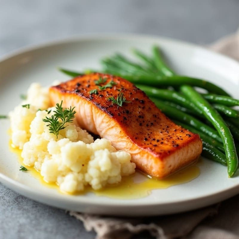 Seared Salmon with Steamed Green Beans and Garlic Mashed Cauliflower