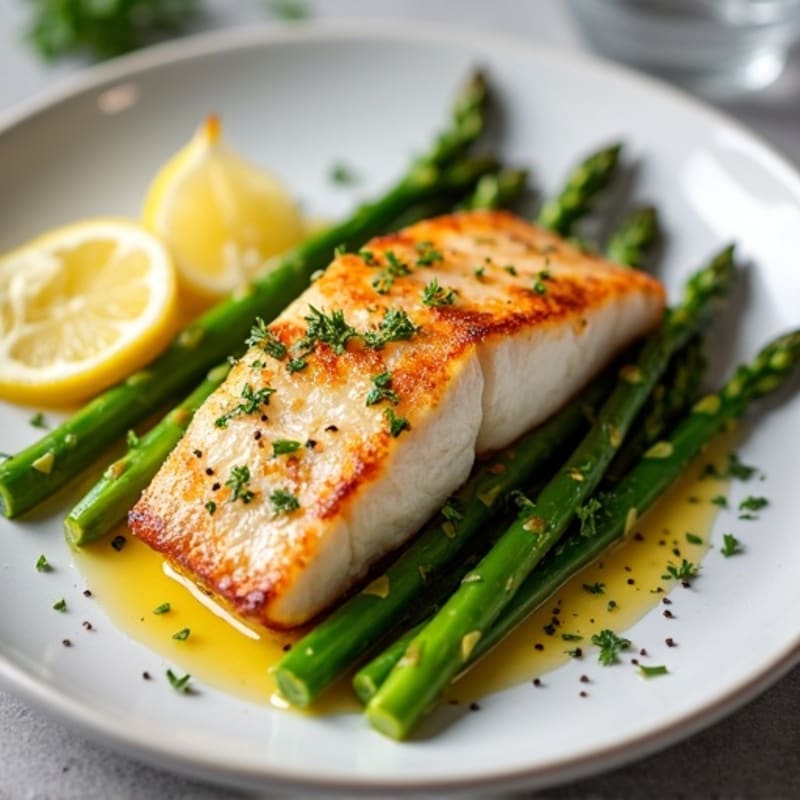 Crispy Pan-Seared Halibut with Lemon-Garlic Asparagus